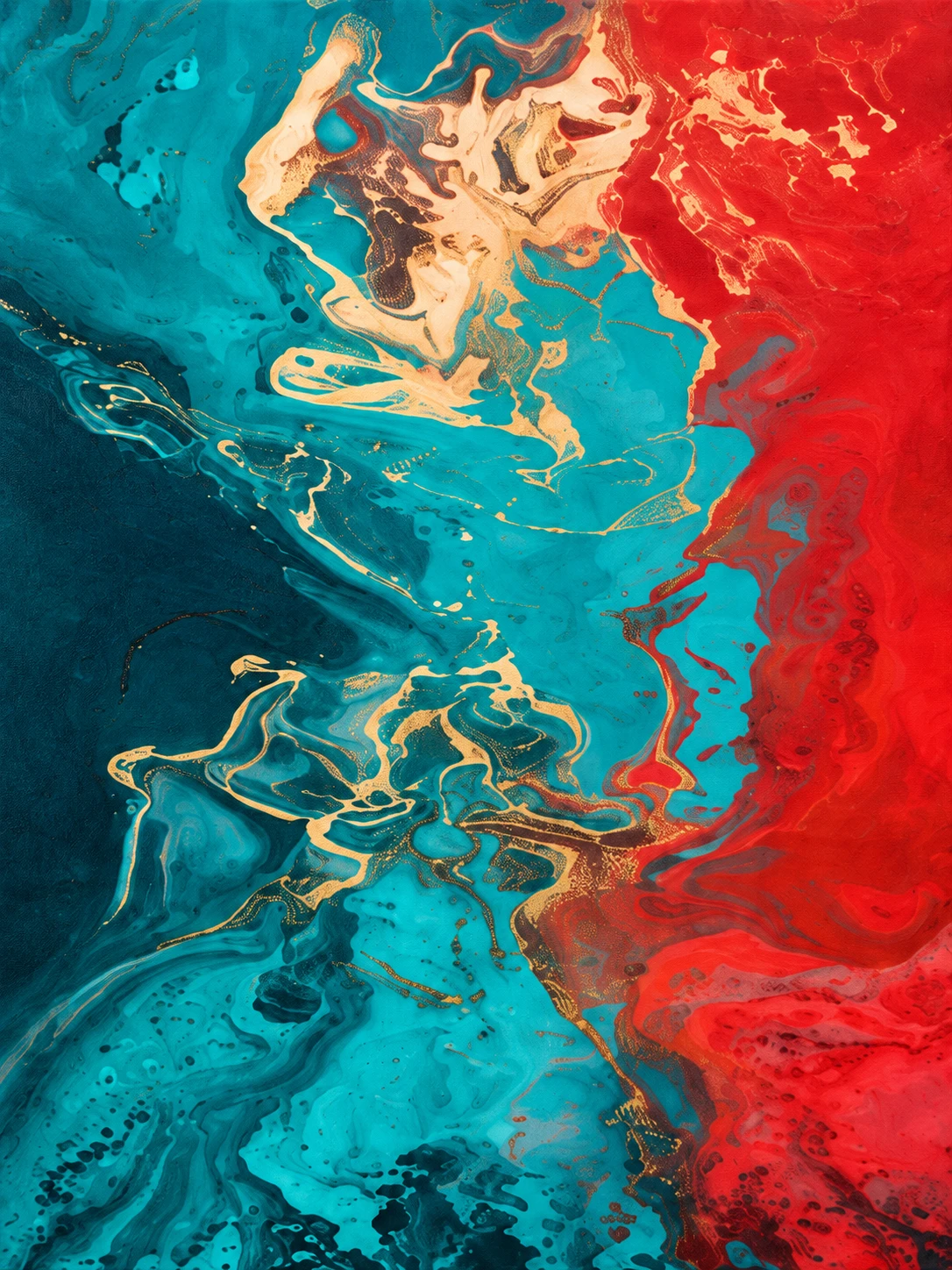 Turquoise wall art – red, gold and turquoise fluid abstract acrylic print, front view, by Rossetti Art
