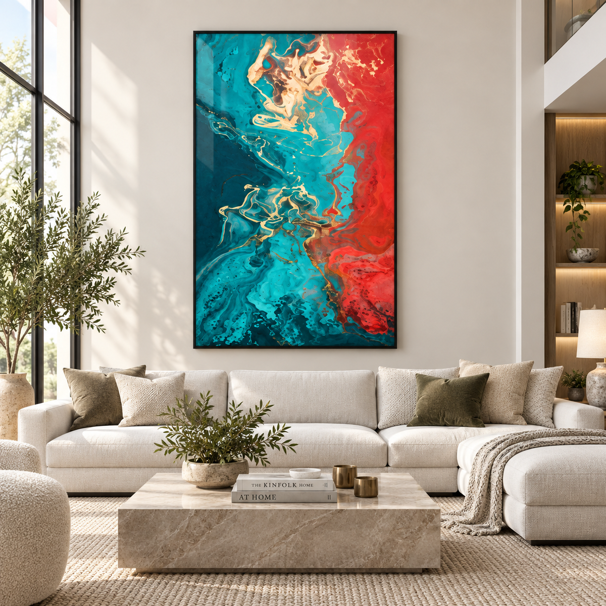 Turquoise wall art – red, gold and turquoise fluid abstract acrylic print in a black frame above a cream sofa in a bright living room by Rossetti Art