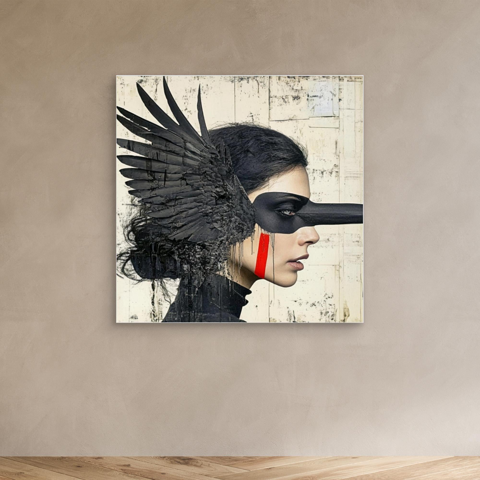 Canvas Print : Shadowed Wings - Modern Black Feathered Portrait Wall Decor