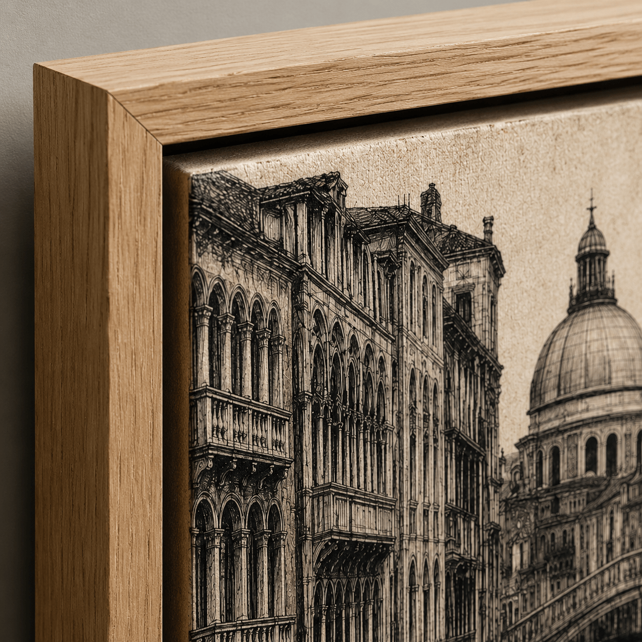 Close-up of the oak floater frame and sepia canvas texture on Venetian Reverie