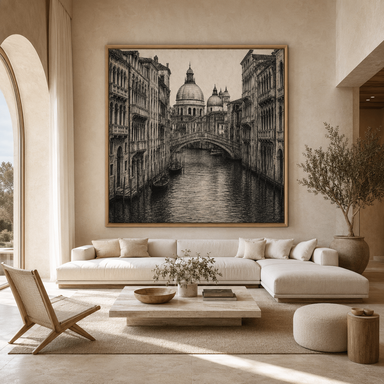 Framed Venice wall art hung above the bed in a neutral bedroom