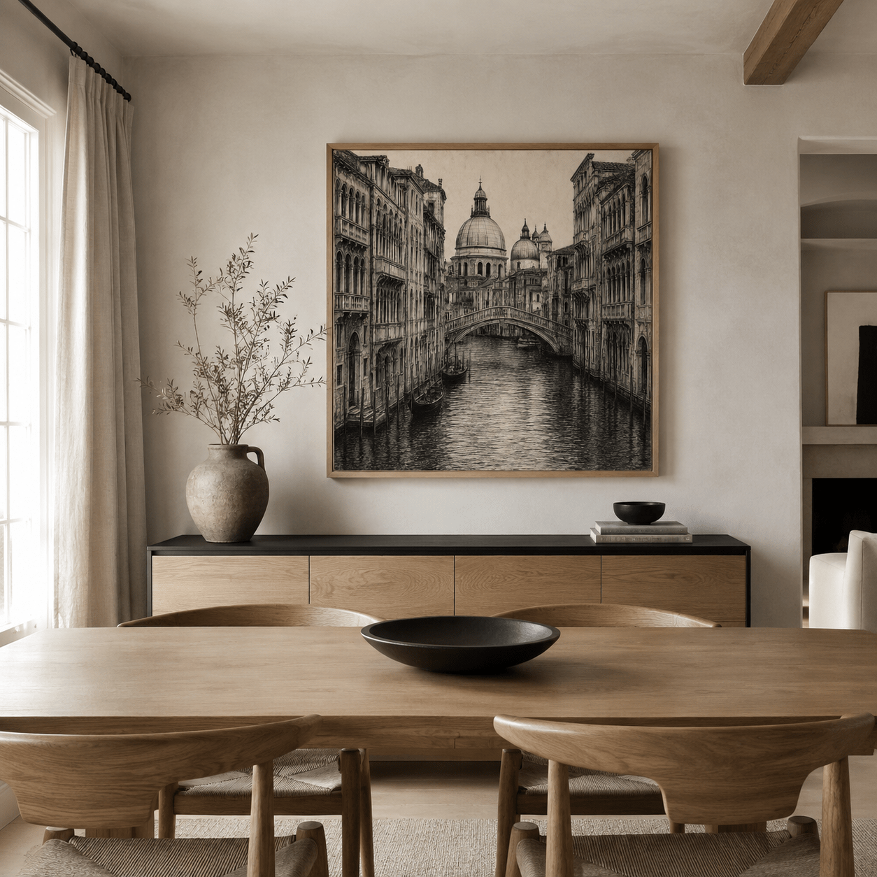 Venetian Reverie canvas print styled above a sofa in a neutral living room