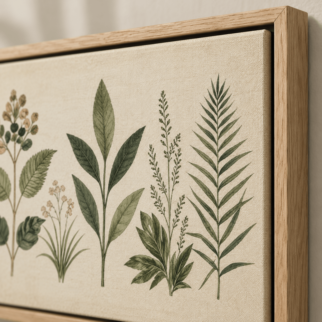 Close-up detail of the canvas texture and oak floater frame on the Herbarium Study vintage botanical print by Rossetti Art
