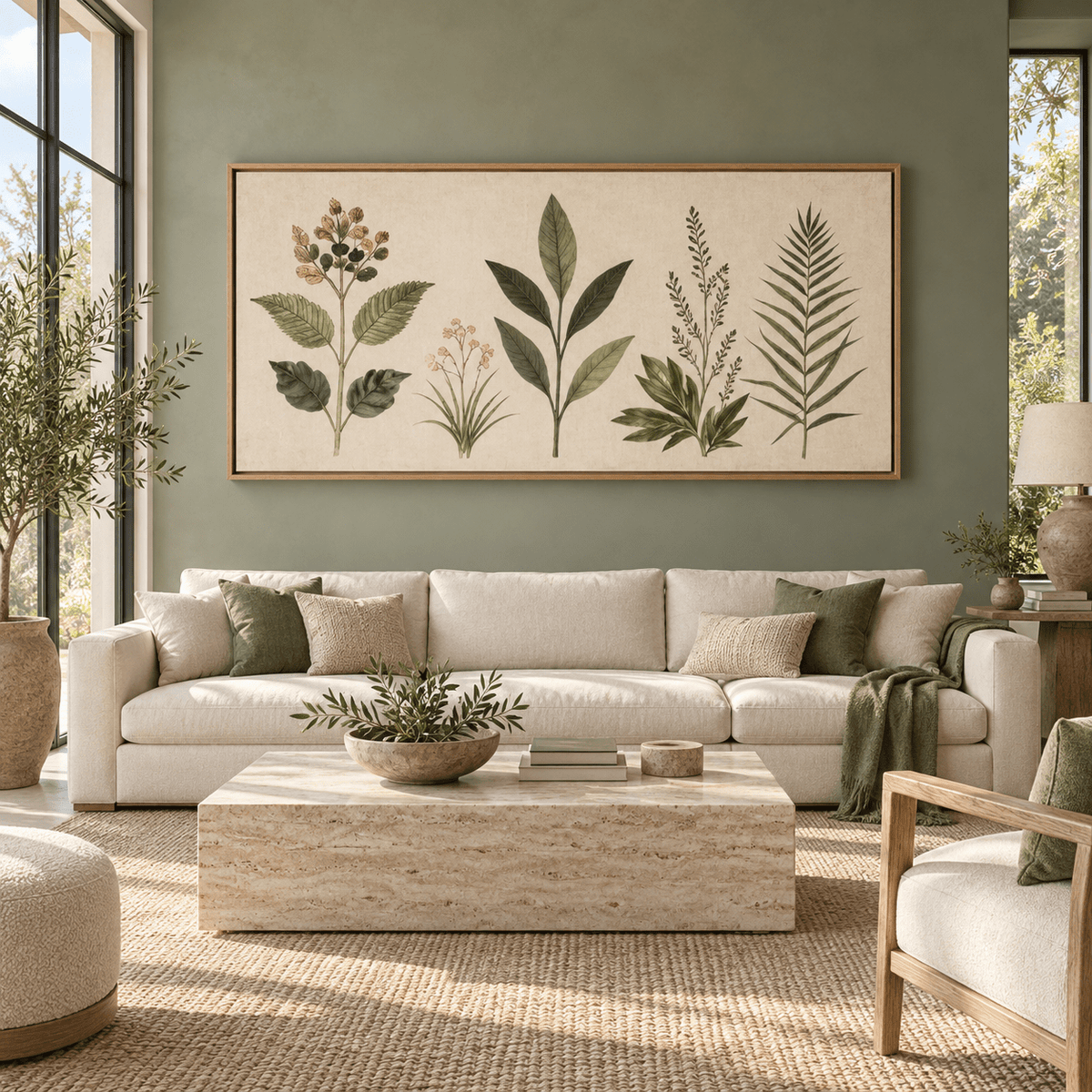 Vintage botanical print canvas hung above a sage-green living room sofa – Herbarium Study by Rossetti Art