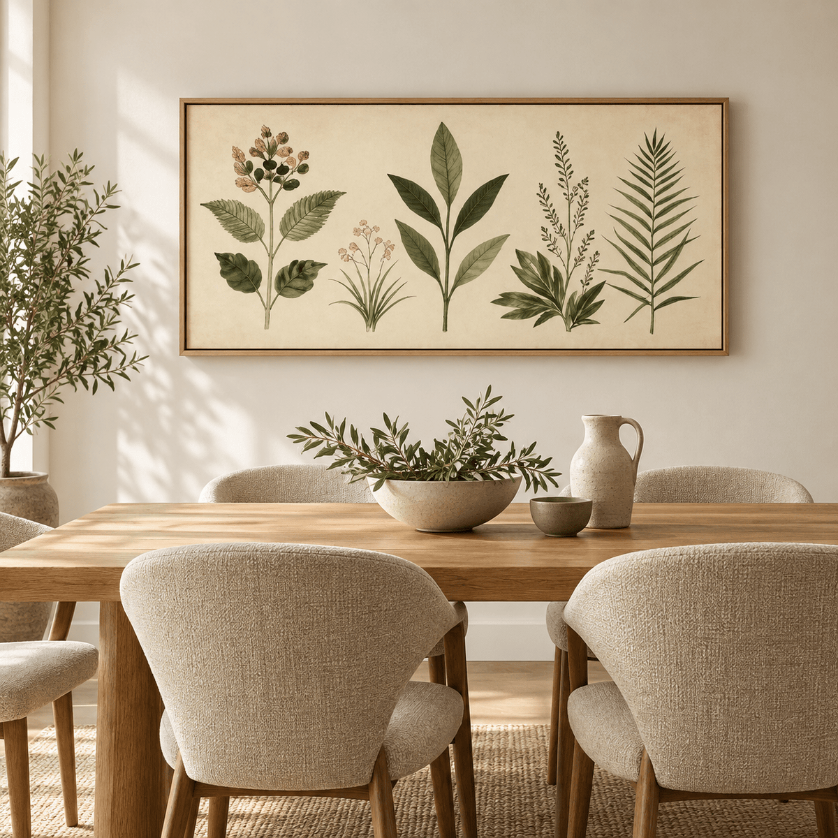 Vintage botanical print canvas hung above a dining table – Herbarium Study by Rossetti Art