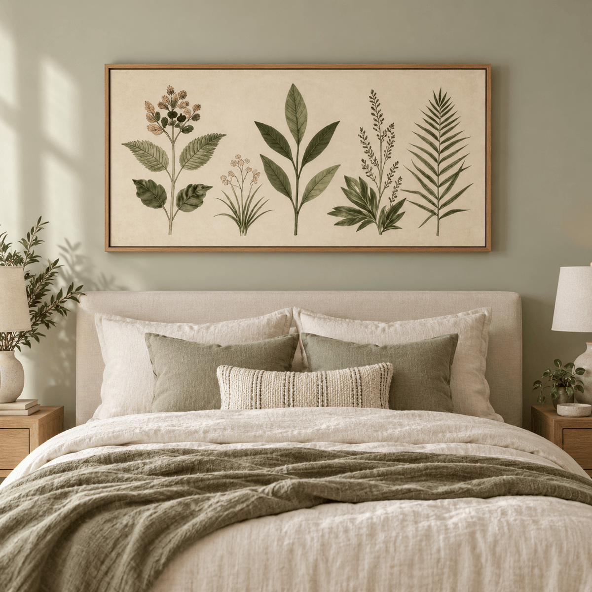 Vintage botanical print canvas hung above a bed in a sage green bedroom – Herbarium Study by Rossetti Art
