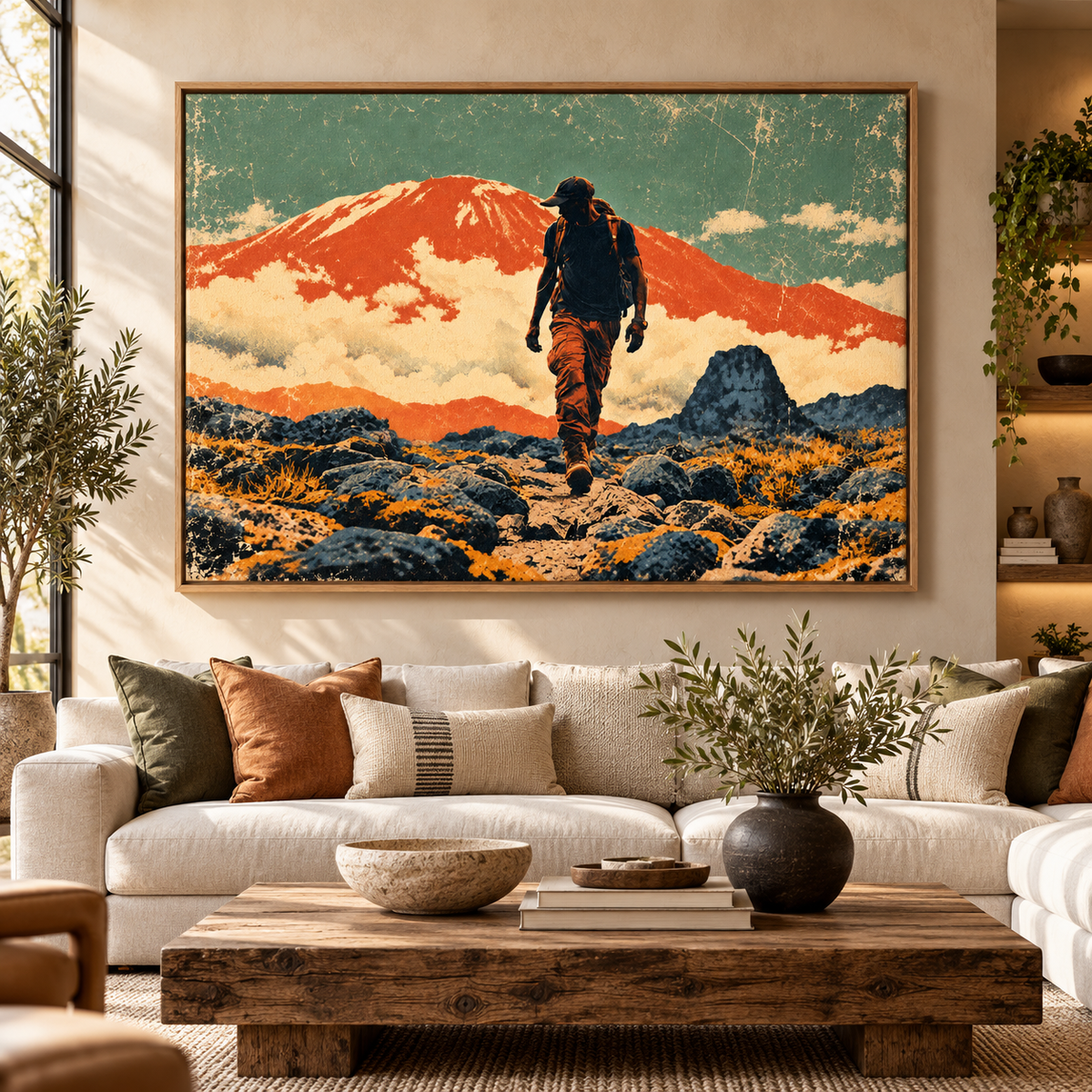 Vintage Mountain Poster Canvas Print – Summit Trail framed above a cream sofa by Rossetti Art