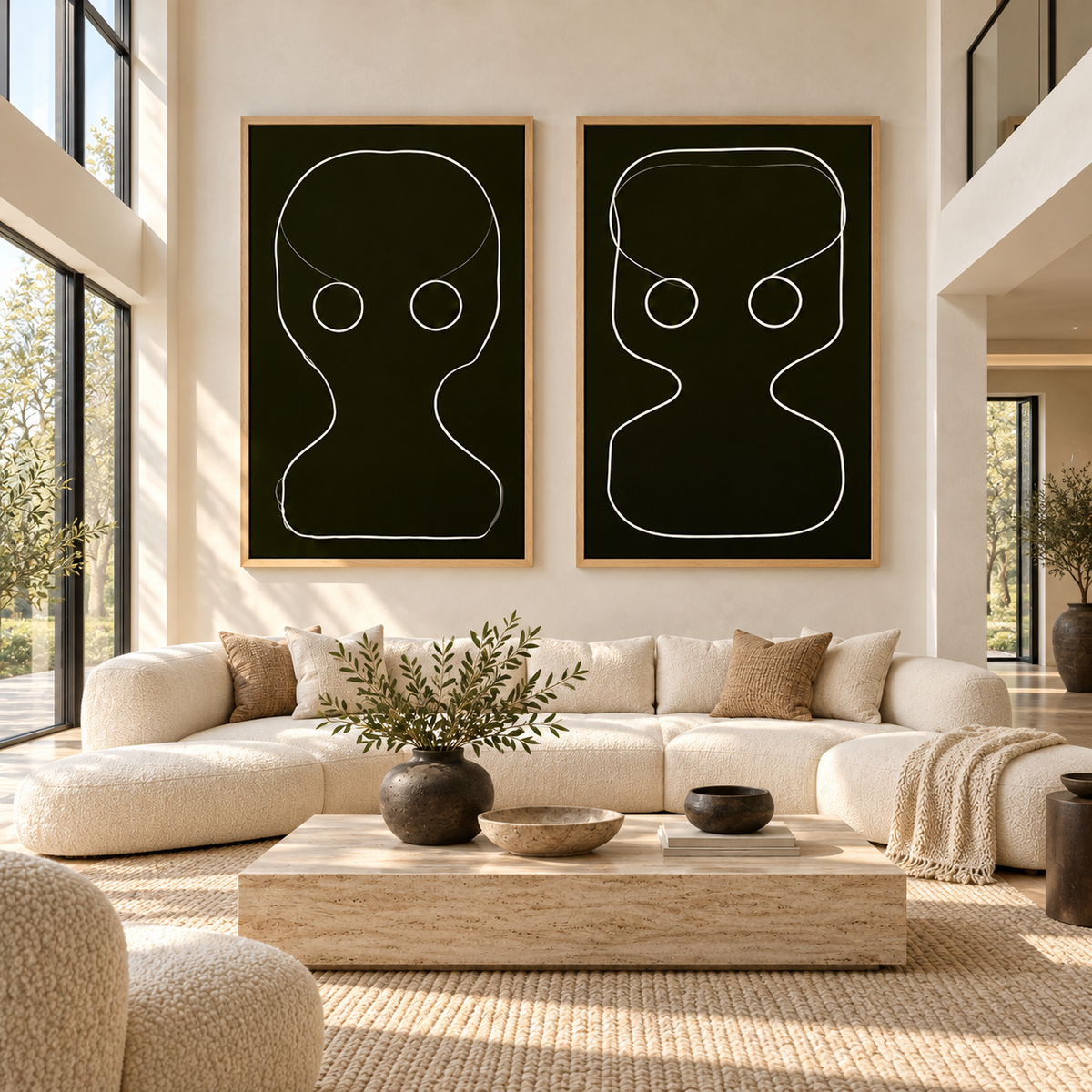 Wall Art Set of 2 – Twin Totems black line art canvas prints above a cream sofa in a living room by Rossetti Art