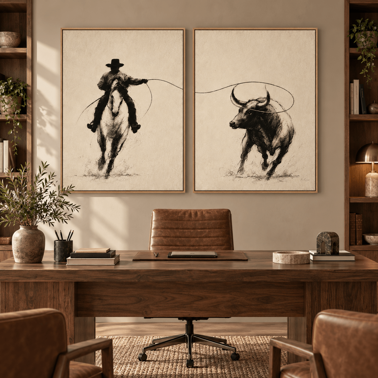 Western wall art set – Rope and Run displayed in a home office