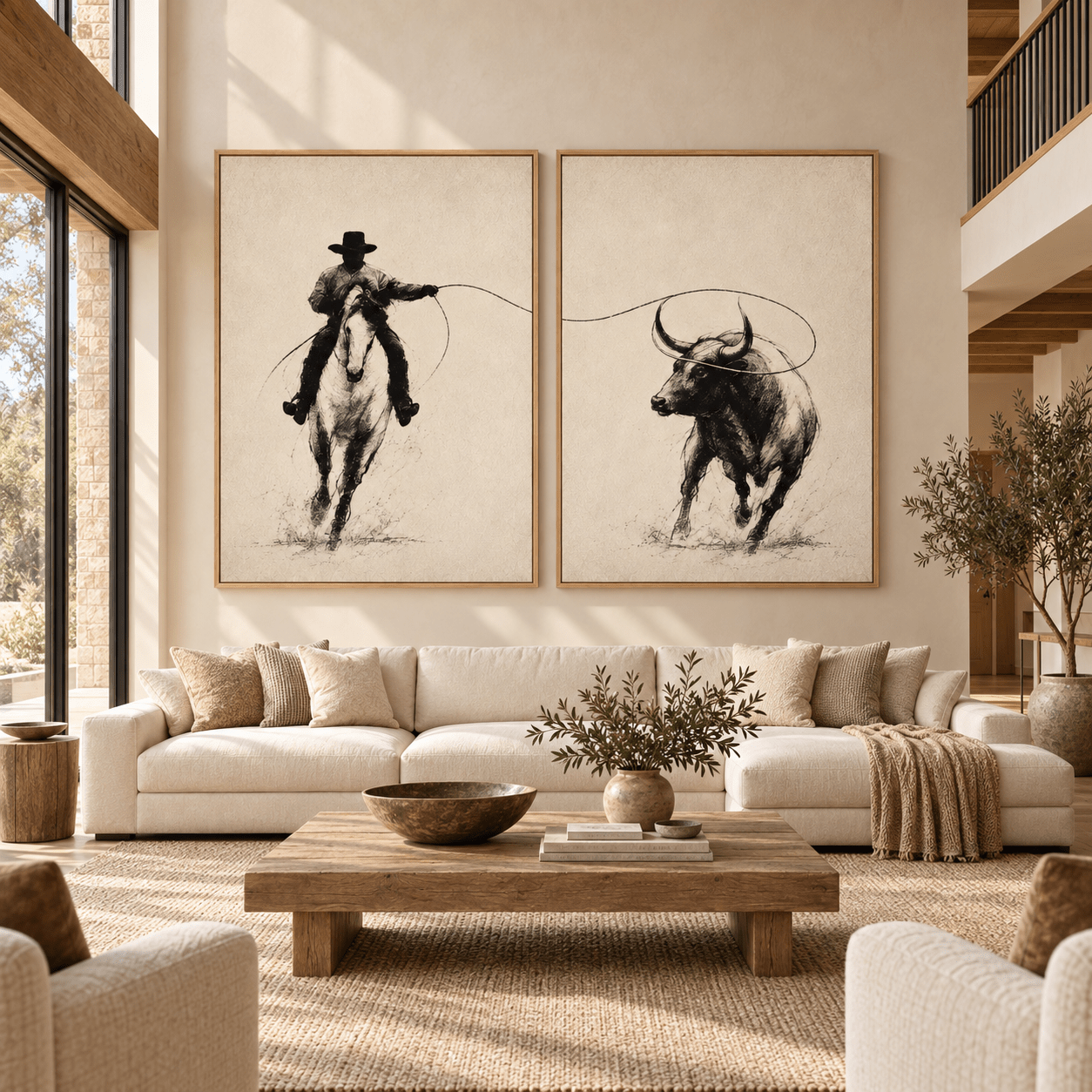 Western wall art set – Rope and Run styled above a living room sofa