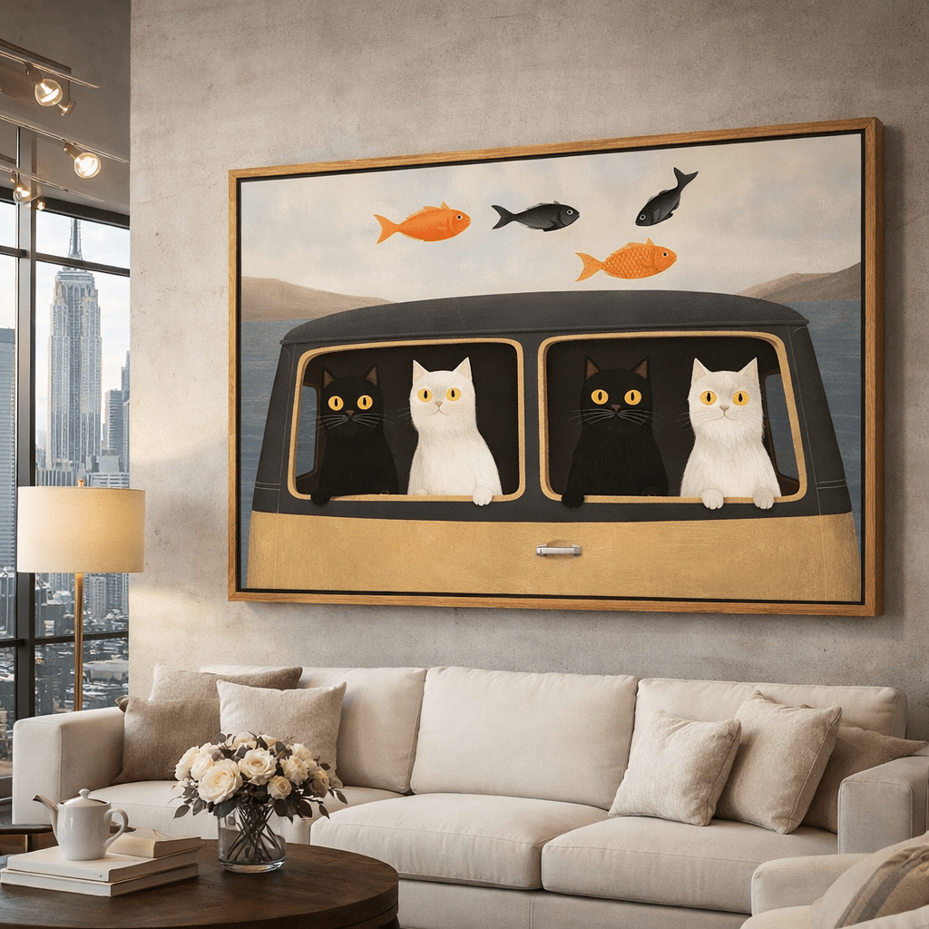 Whimsical Cat Road Trip Original Painting by Chiara Rossetti | Surreal Coastal Wall Art for Modern Decor modern abstract canvas wall art by Rossetti Art – luxury interior design artwork for living room, bedroom, office – handmade wall art minimalist modern artwork modern art on canvas