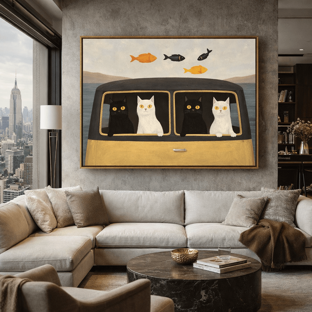 Whimsical Cat Road Trip Original Painting by Chiara Rossetti | Surreal Coastal Wall Art for Modern Decor modern abstract canvas wall art by Rossetti Art – luxury interior design artwork for living room, bedroom, office – handmade wall art minimalist modern artwork modern art on canvas
