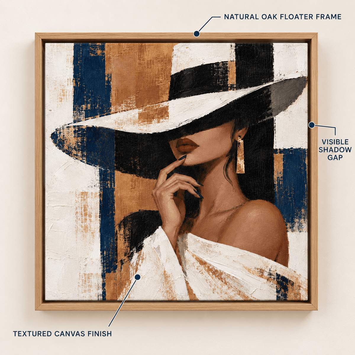 Front view of woman with hat square canvas print in oak floater frame