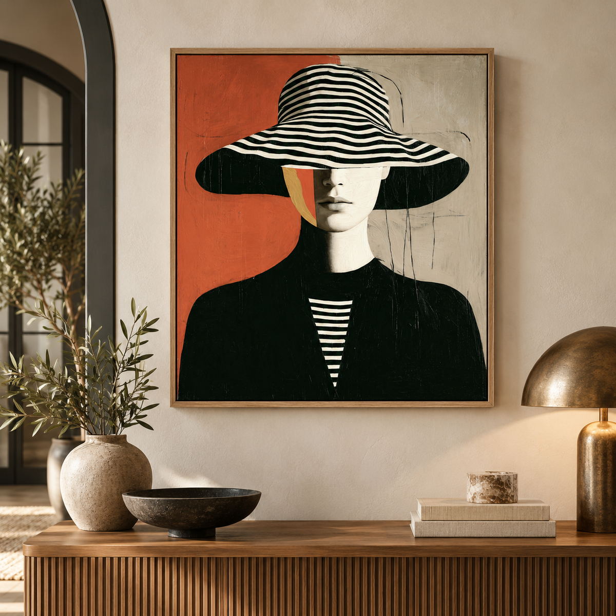 Woman with hat painting above a wooden console in an entryway – Striped Brim by Rossetti Art