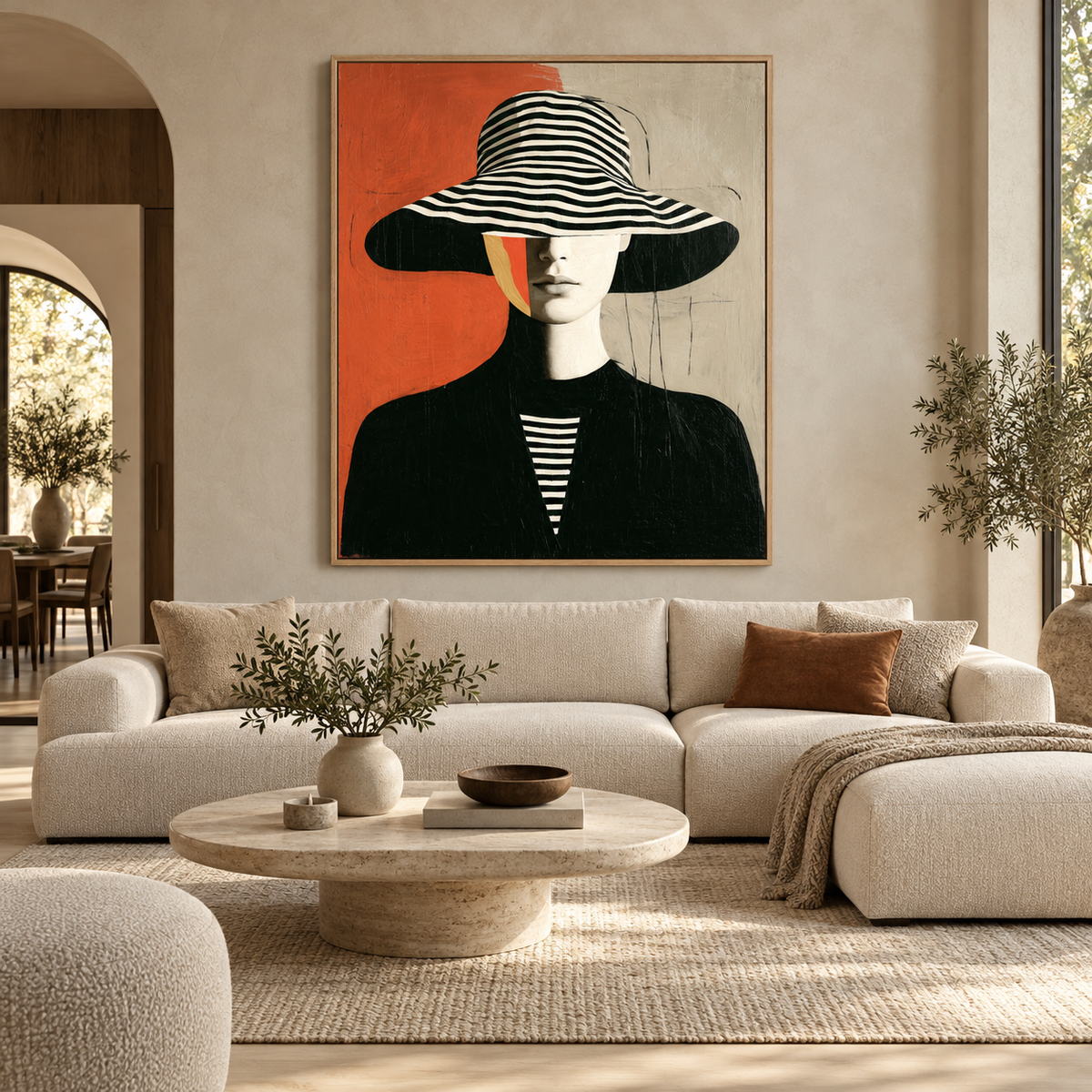 Woman with hat painting above a cream sofa in a warm modern living room – Striped Brim by Rossetti Art