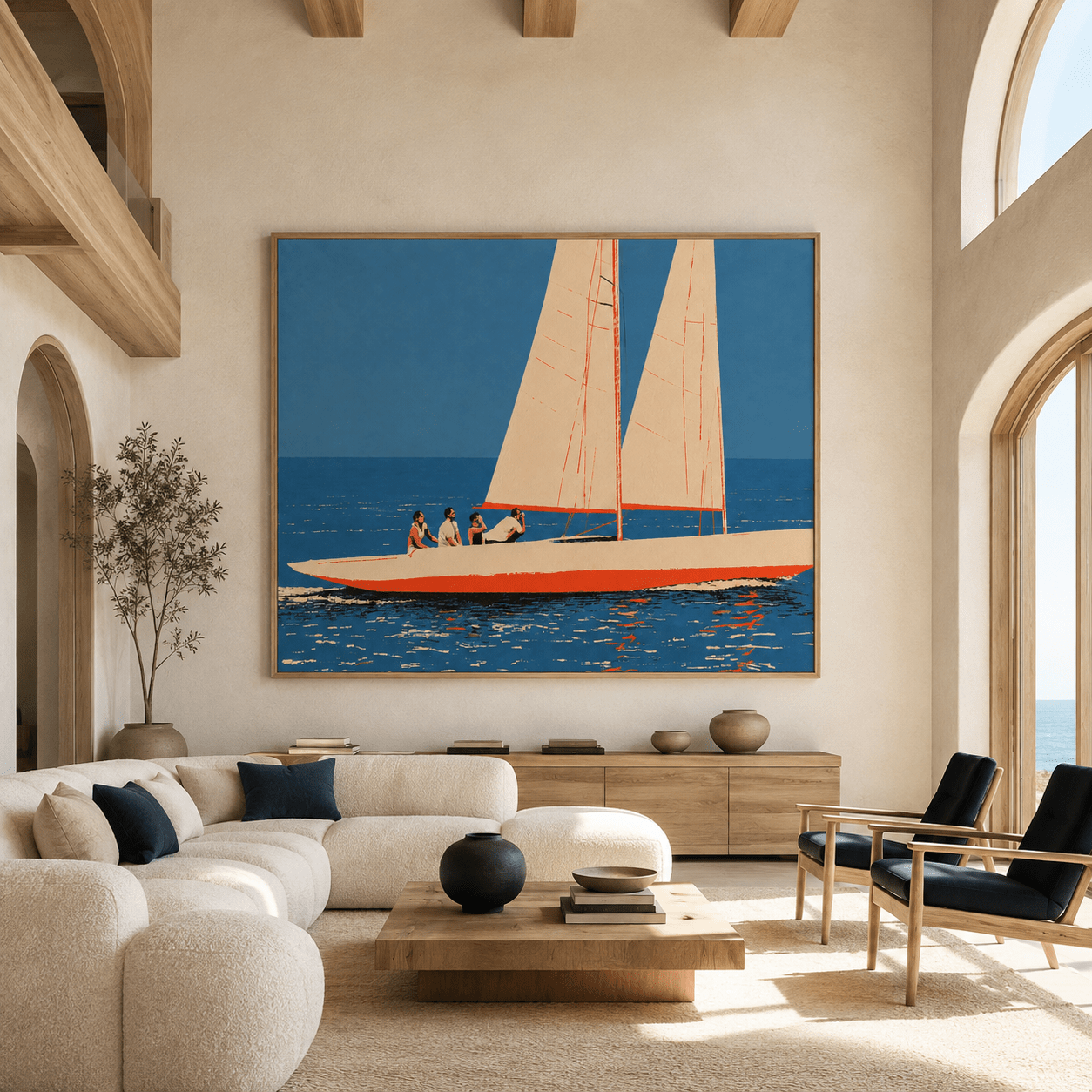 Coastal yacht wall art with vivid blue, cream, and red-orange palette
