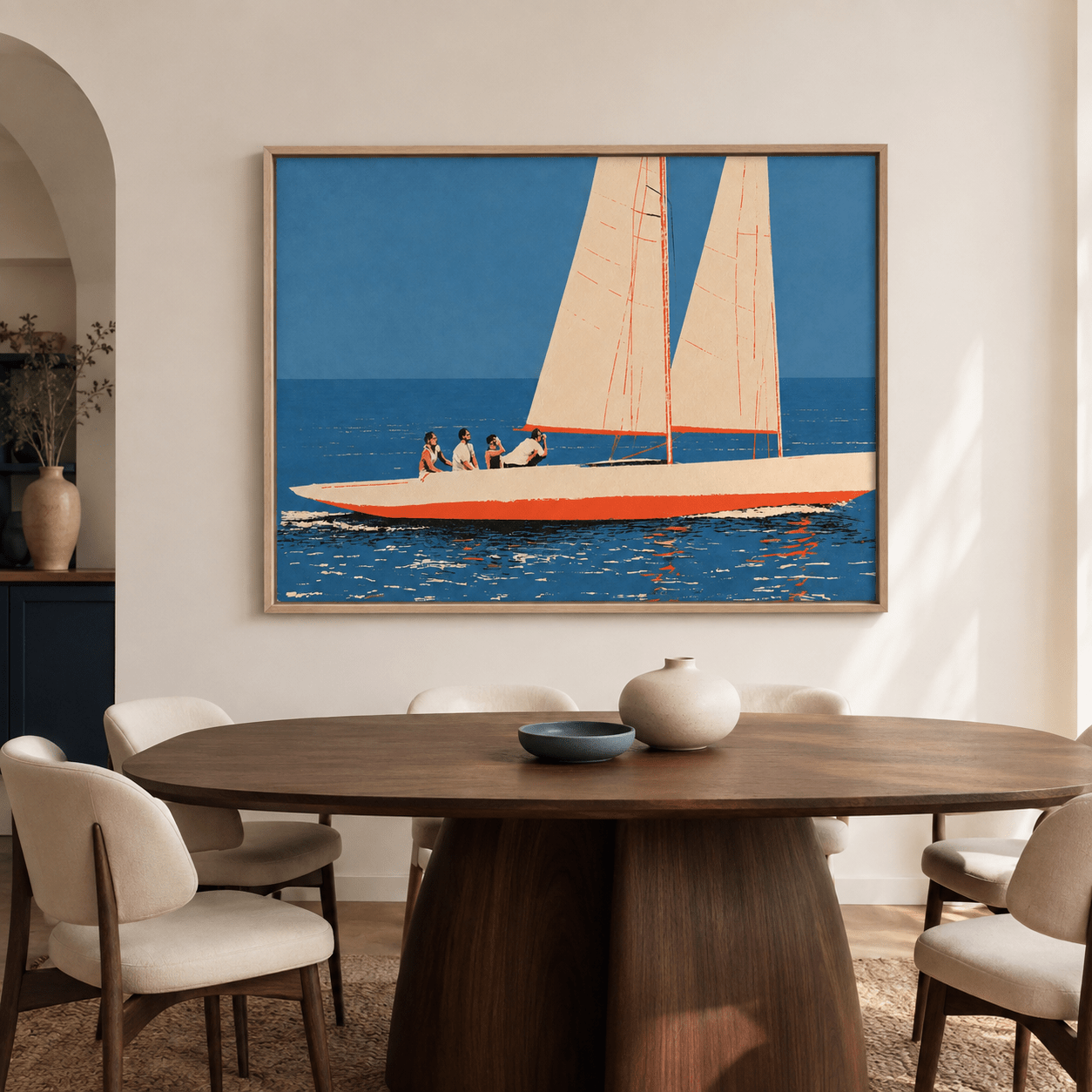 Close-up yacht wall art detail with cream sails and red-orange rigging