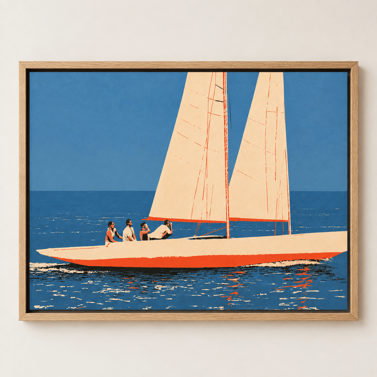 Yacht wall art with a white sailboat and four people on blue water