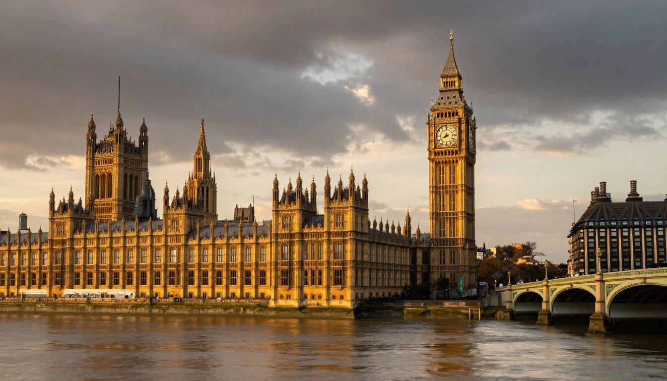 London Big Ben Art showing the iconic clock tower at sunset with golden hues