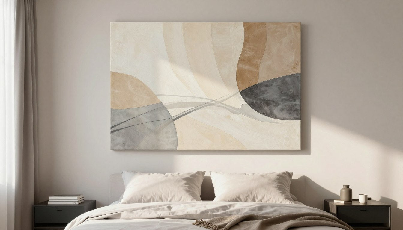 Abstract art for bedroom walls featuring soft organic shapes in calming neutral tones