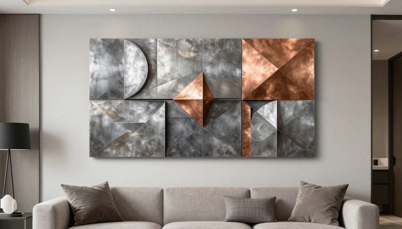 Abstract metal wall art for living room featuring geometric shapes in brushed steel