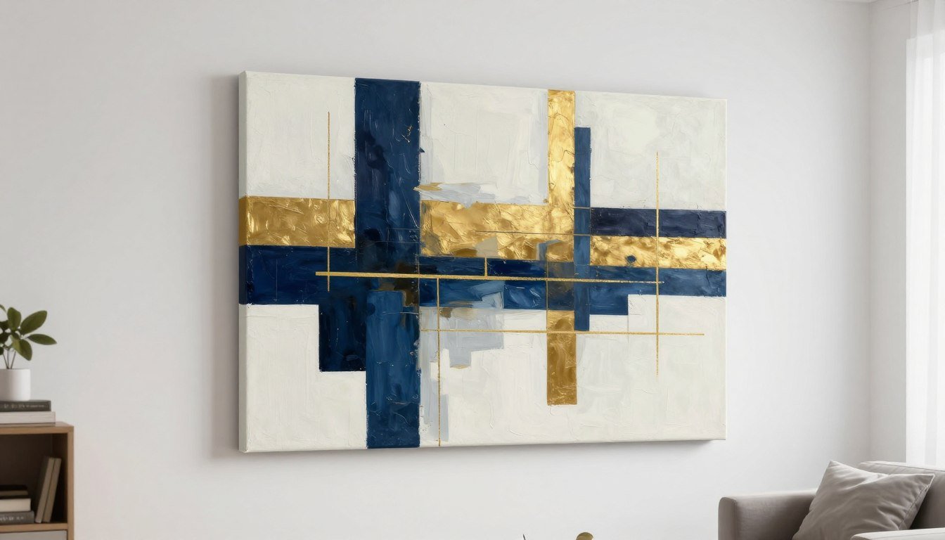 Bold abstract canvas print with geometric shapes in gold and navy blue