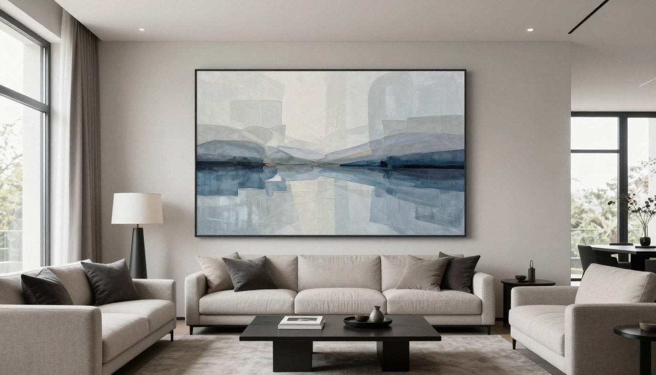 Serene living room with abstract wall art creating balanced atmosphere