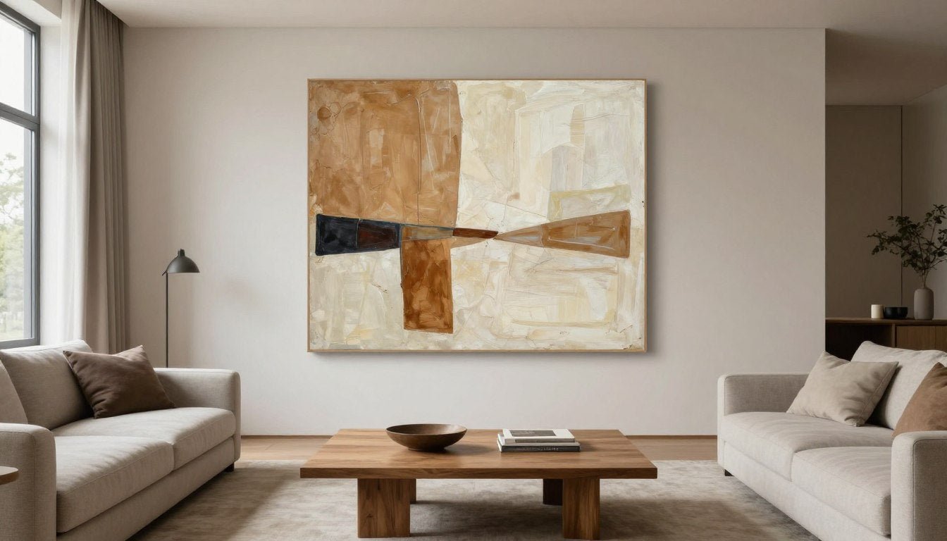 Abstraktes Acrylbild in modernem Wohnzimmer mit neutralen Farbtönen