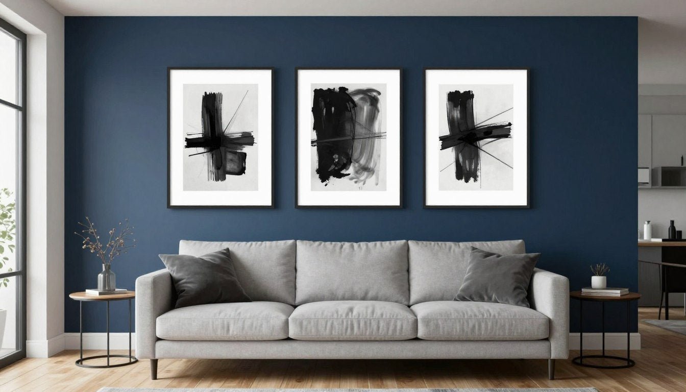 Living room with deep blue accent wall behind sofa with complementary neutral artwork