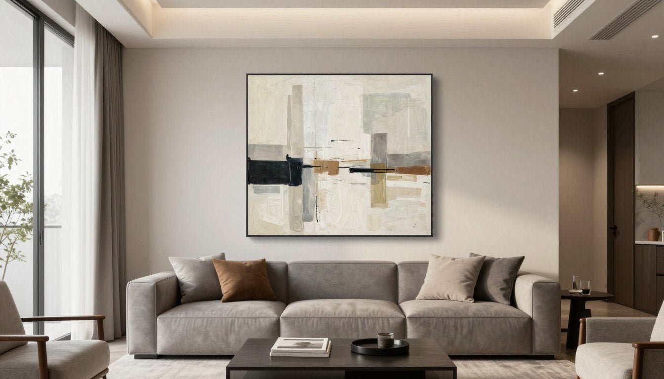 elegant living room with large canvas print above modern sofa