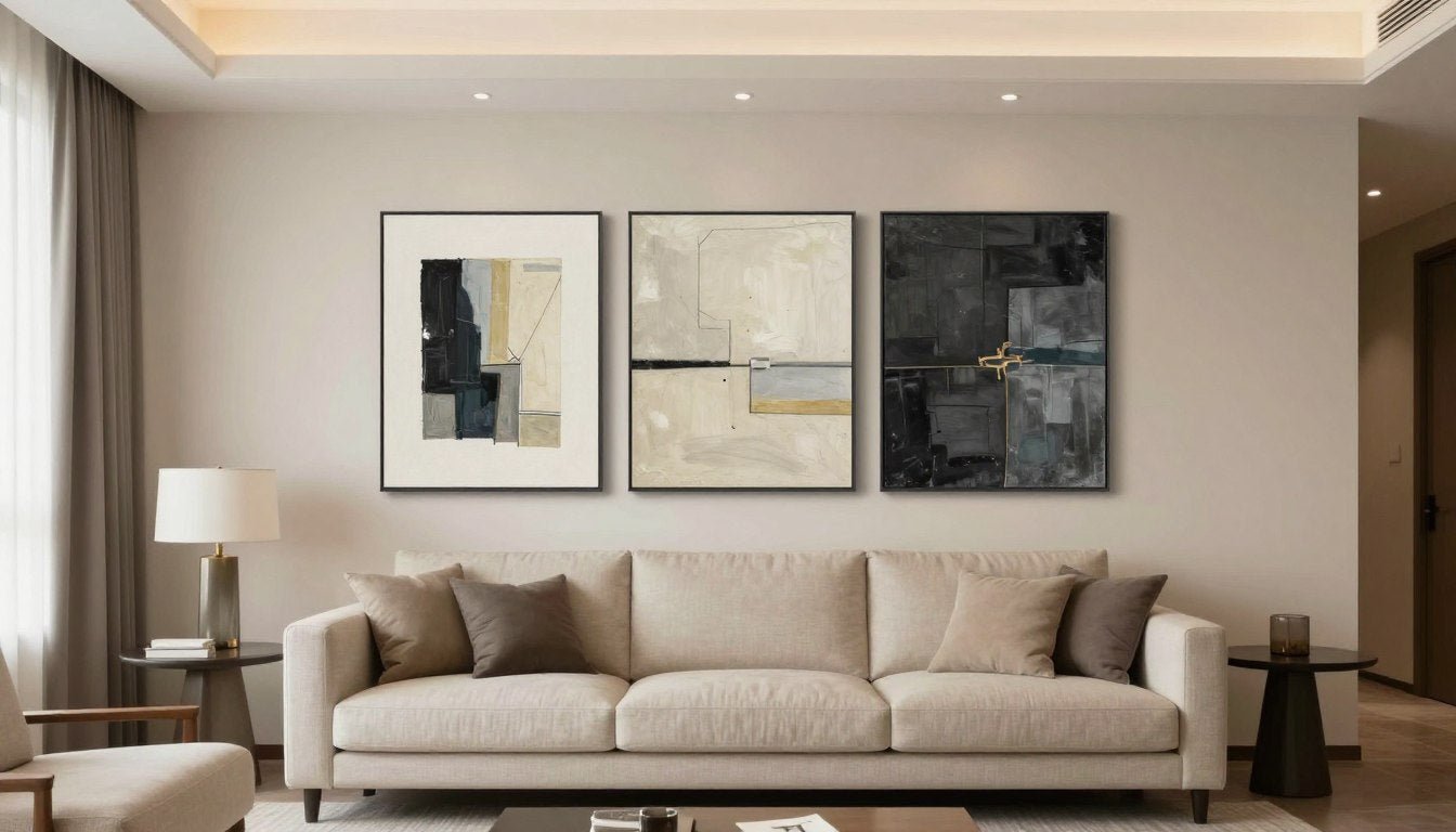 Modern living room with carefully selected art pieces demonstrating proper placement and sizing principles