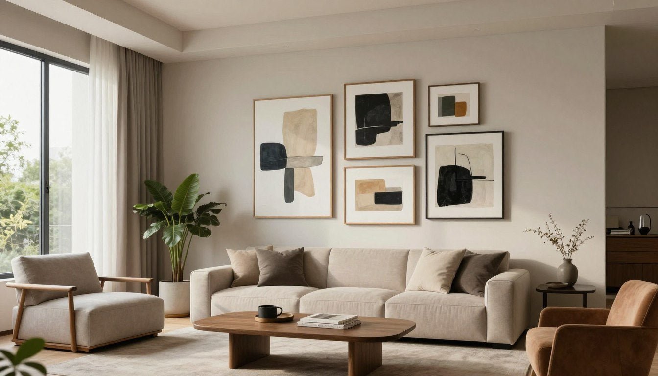 Modern living room with curated art collection featuring canvas prints and original paintings