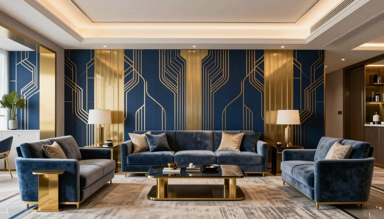 Art Deco Revival geometric patterns with gold metallics in modern interior