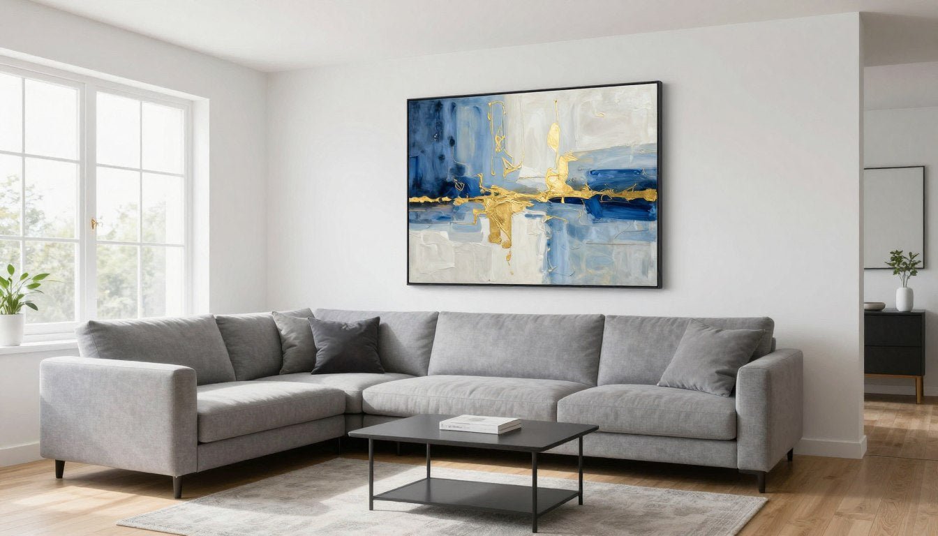 Modern living room interior with large abstract canvas art above a grey sofa