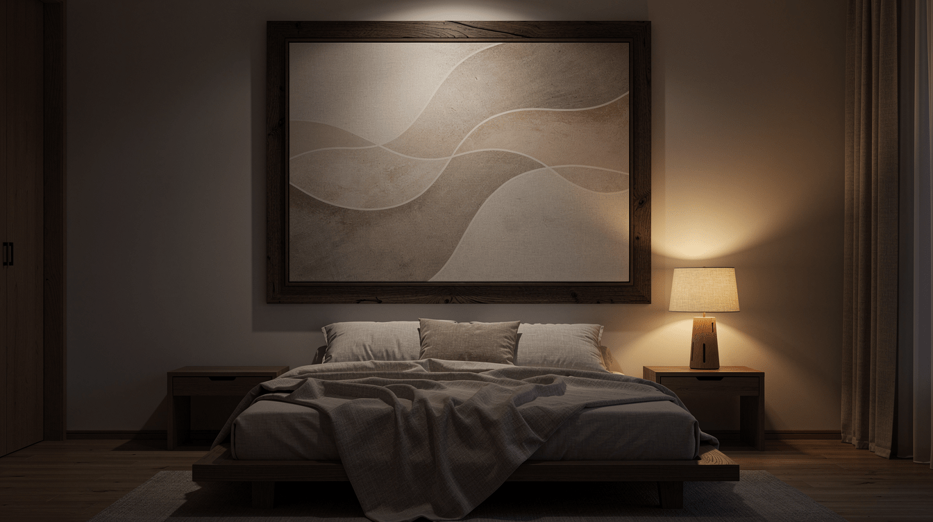 Large abstract canvas print in hardwood floater frame above a styled bed in a Japandi bedroom — Rossetti Art