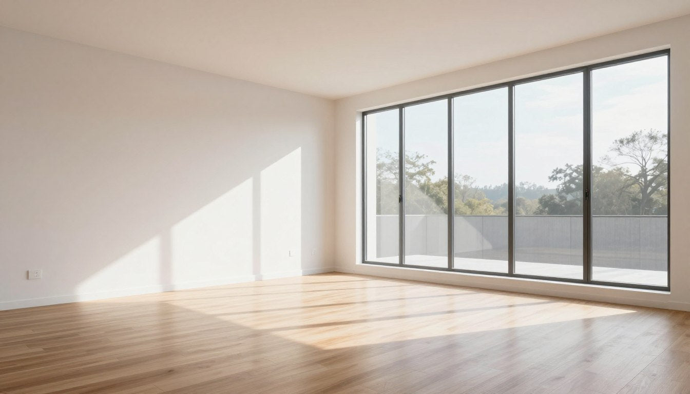 Empty modern living room with large windows showing natural light and potential for interior design