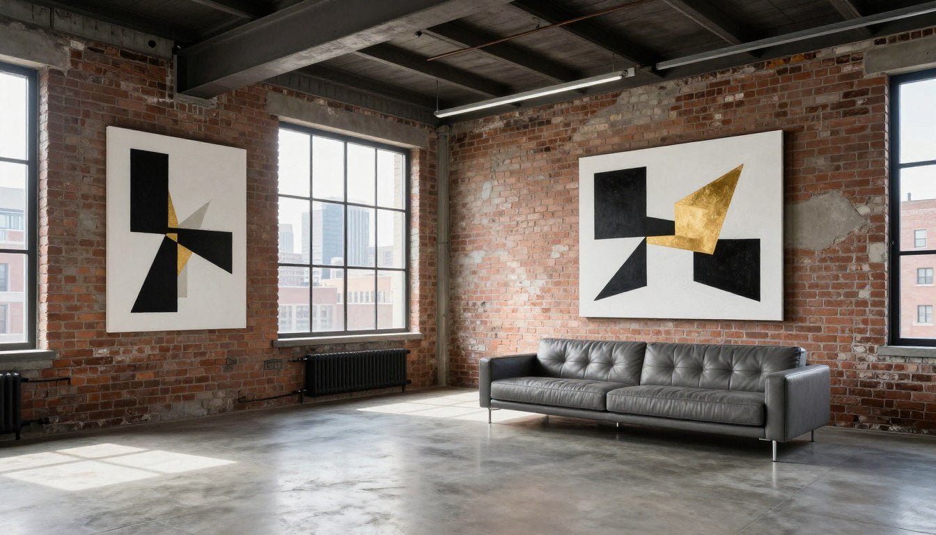 Best Wall Art for an Industrial Apartment featuring abstract geometric prints above modern sofa