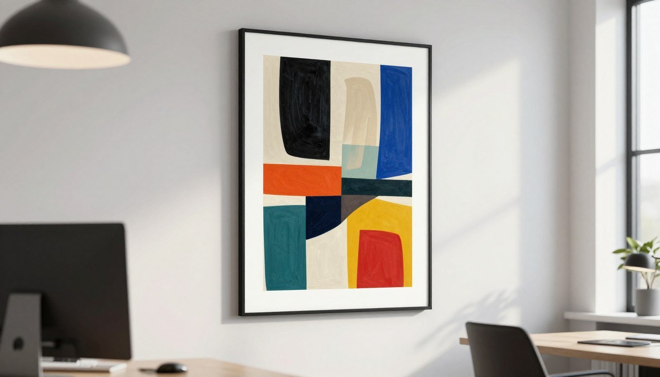 Modern abstract canvas print with bold colors and graphic elements hanging in a masculine office space