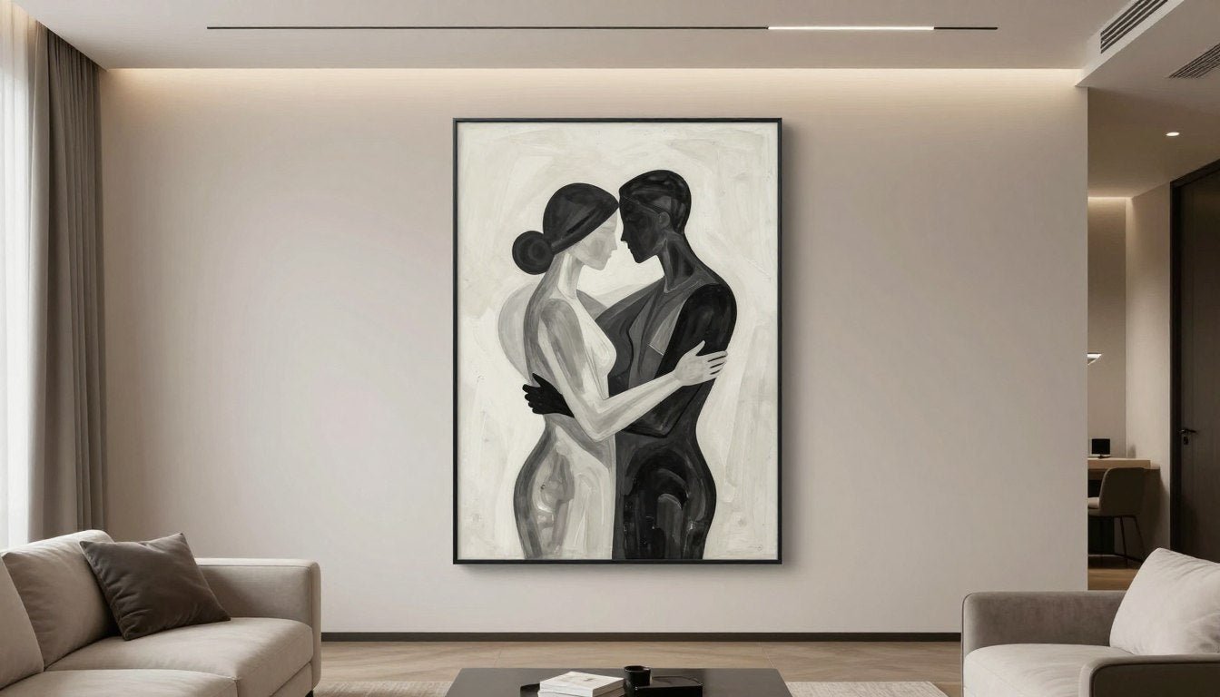 A minimal, elegant piece of love art displayed in a sophisticated living room setting for Valentine's Day