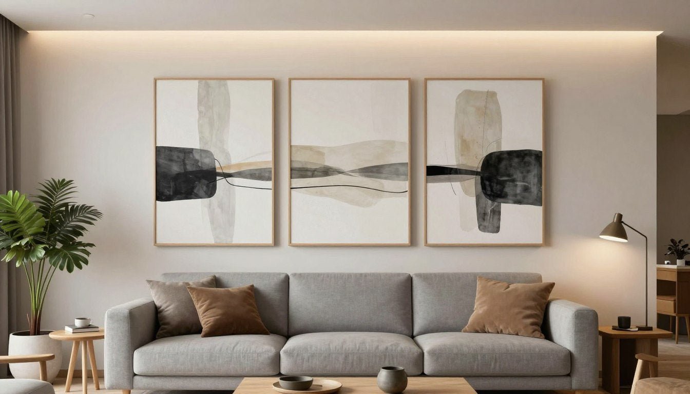 Modernes Wohnzimmer mit abstrakten Leinwandbildern über dem Sofa