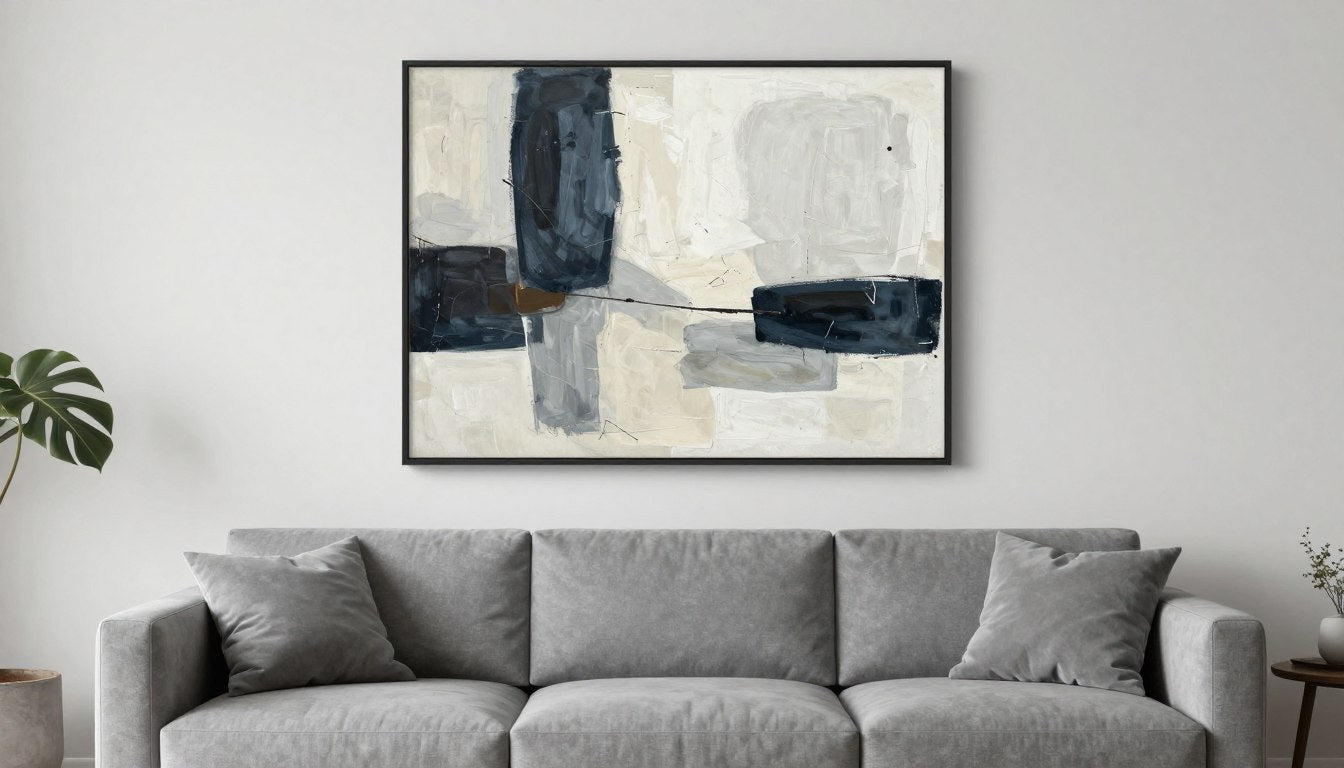 Stort lerretstrykk over sofa i moderne stue som viser riktig proporsjoner for bilder til veggen