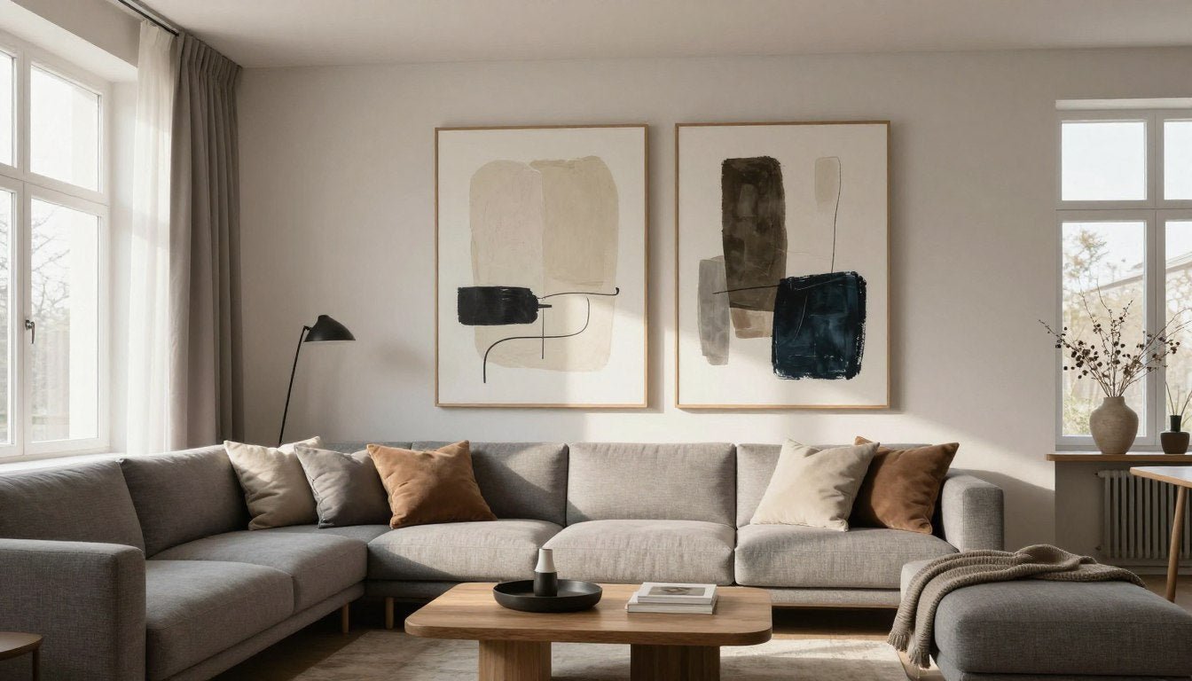 Moderne stue med store abstrakte billeder over sofaen
