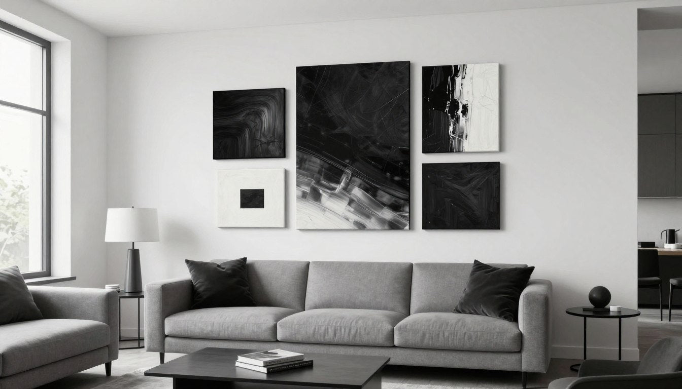 black and white canvas wall art in modern living room interior