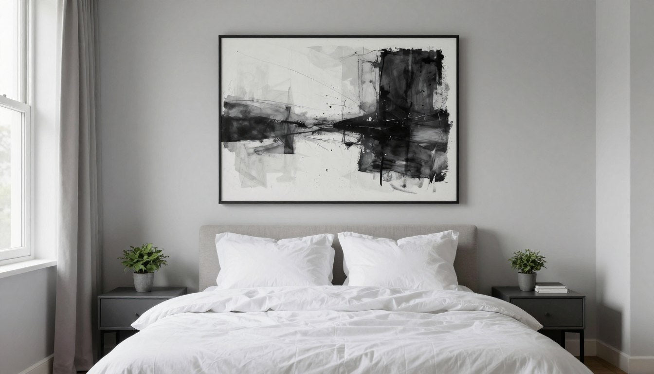 minimalist bedroom with black and white abstract art above bed