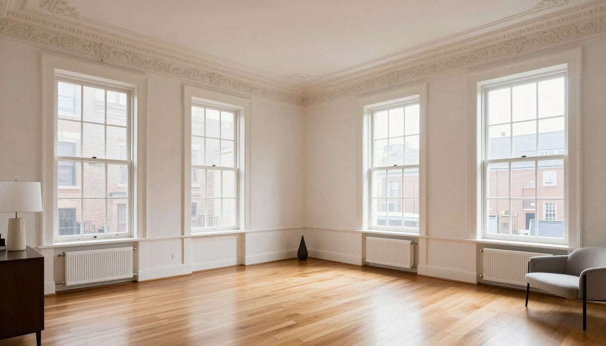 Brownstone interior design – tall parlor walls with ornate woodwork