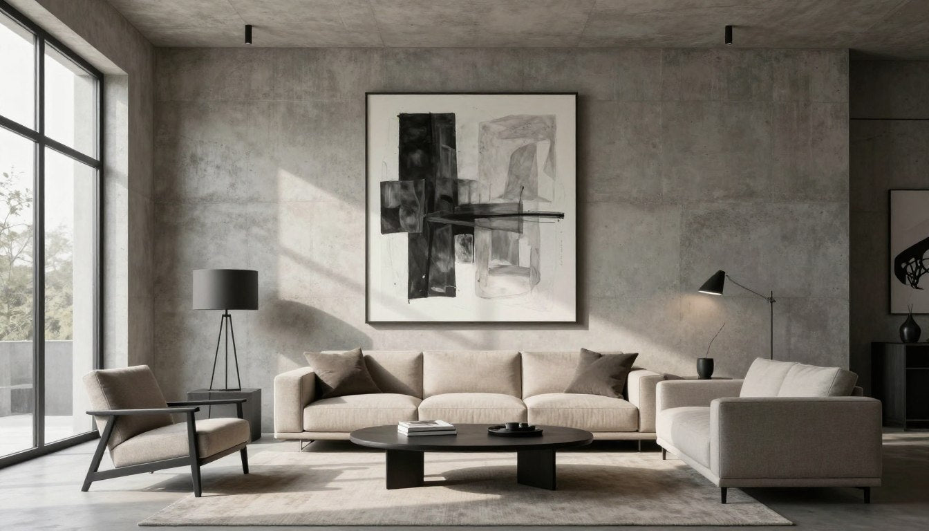 Modern brutalist living room with concrete walls, minimal furniture, and strategic monochrome wall art
