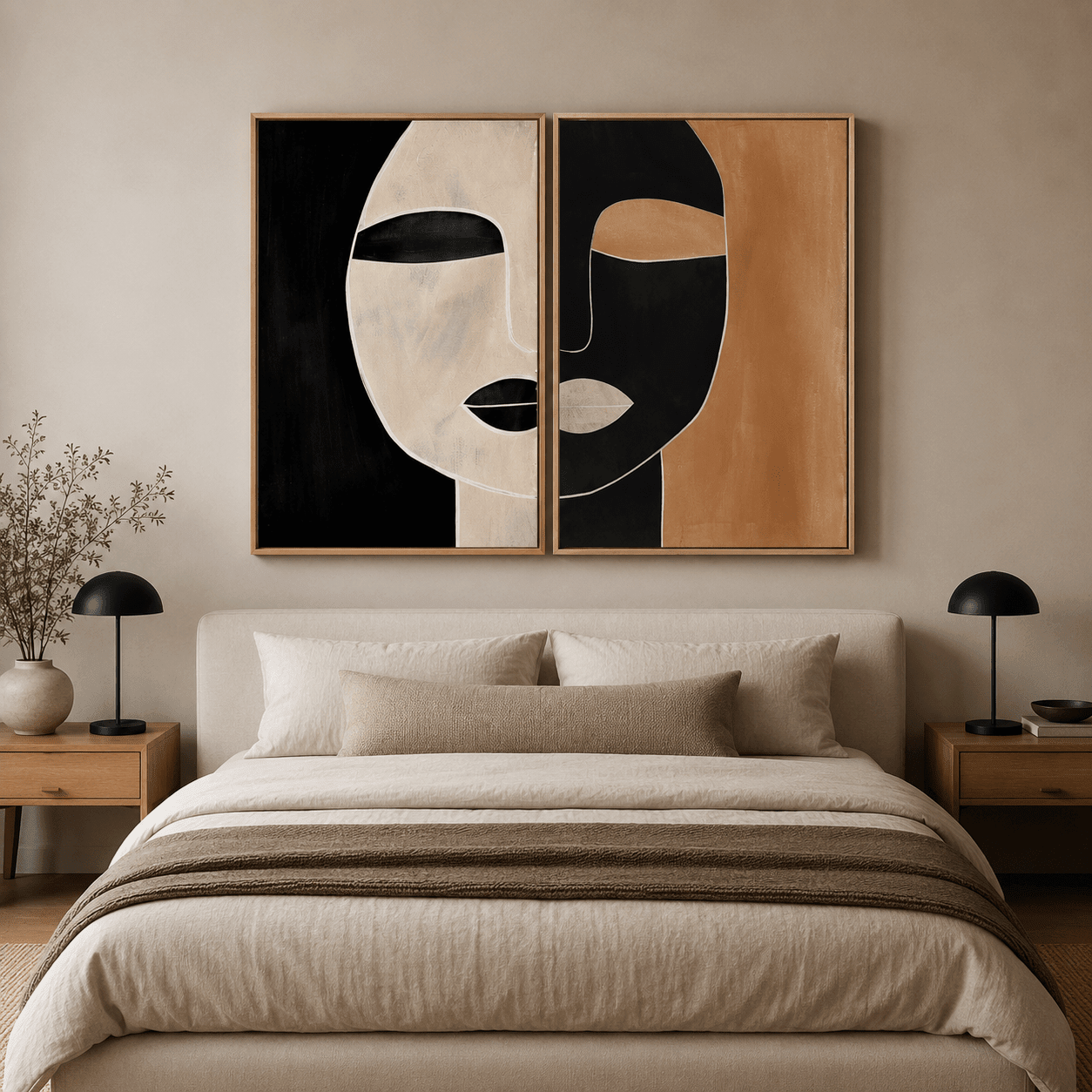 Diptych wall art above a bed in a neutral bedroom – Terracotta Reverie by Rossetti Art