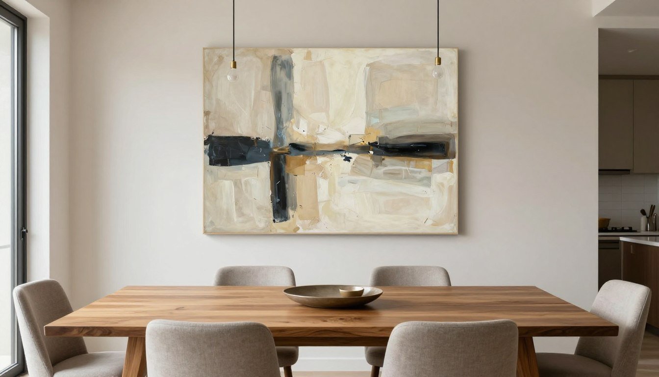 Modern dining room with large abstract canvas art above wooden table