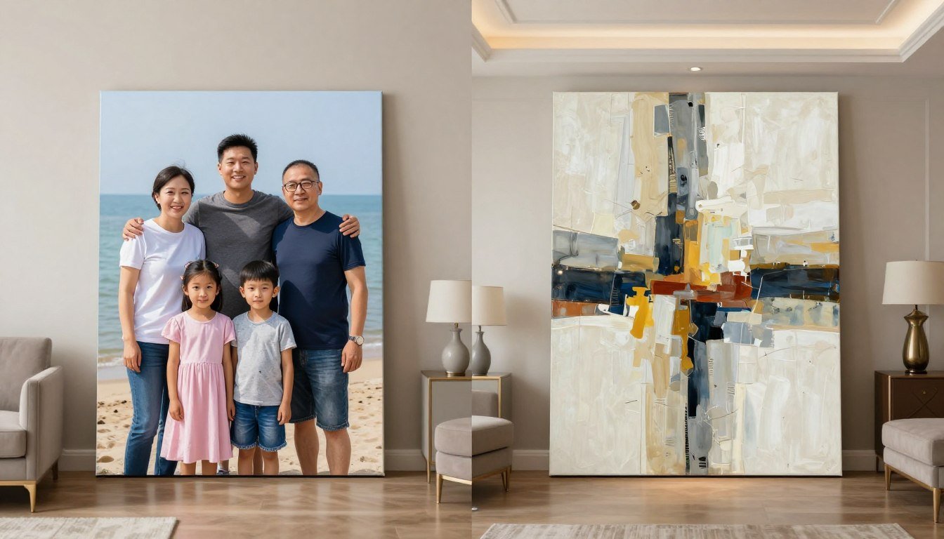 canvas print photos comparison showing photo prints versus original art in modern living room