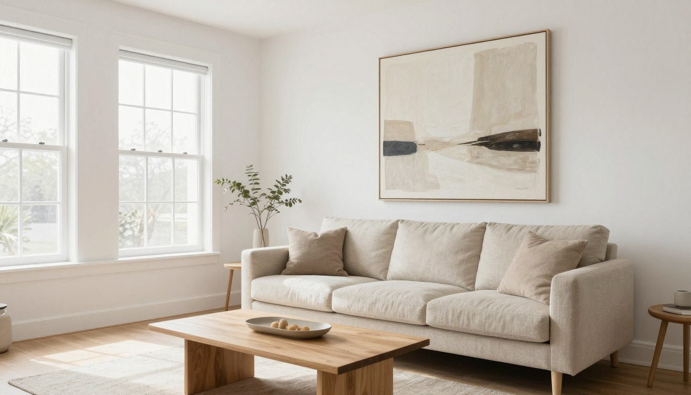 Modern living room featuring large canvas wall art above a neutral sofa